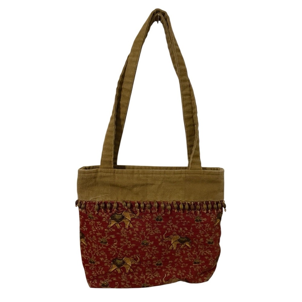 Elephant Purse Tote  Bag Tan Maroon Beads Safari African Pockets Inside Zipper - Picture 3 of 6